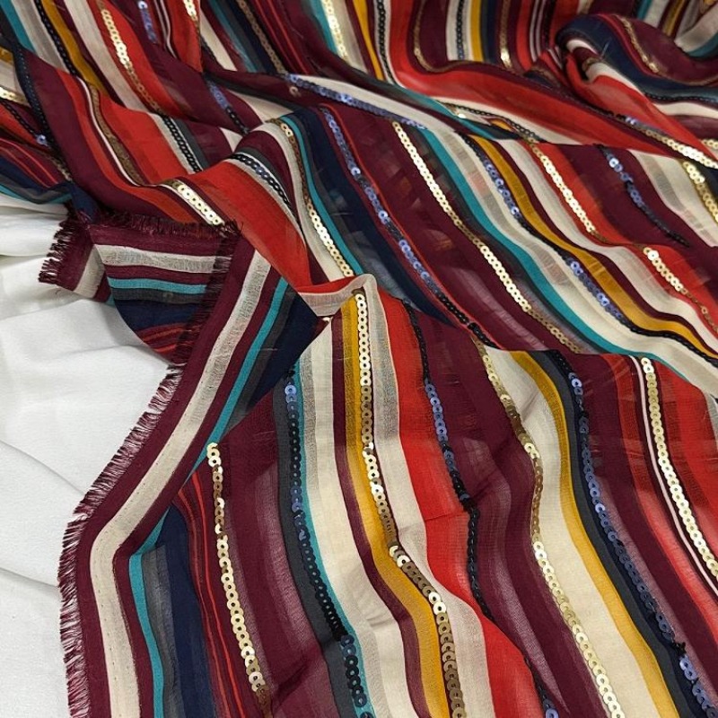 Ethnic Fashion Designer - ผ้าปักลายทางหลากสีประดับเลื่อม สไตล์ชาติพันธุ์ สำหรับตัดเย็บเสื้อผ้าแฟชั่น ผ้าสำหรับงาน DIY