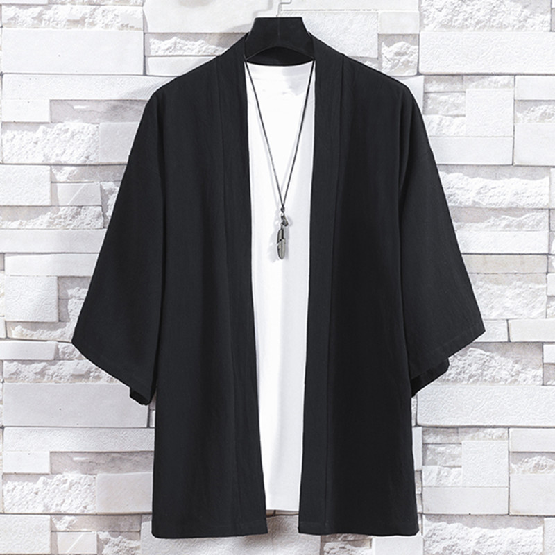 Haori Japanese Jacket - ผู้ชายกิโมโนคาร์ดิแกนญี่ปุ่นแจ็คเก็ตลําลองผ้าฝ้าย 3/4 แขนเสื้อเปิดด้านหน้าเสื้อน้ําหนักเบาผ้าลินินยูกาตะ