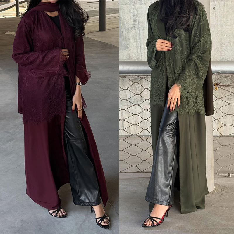 Jalabiya Women Arabic - เสื้อคลุมคาร์ดิแกนผู้หญิงสำหรับงานอีด อาบายา ชุดเดรสงานปาร์ตี้ ดูไบ ลูกไม้ ชุดคลุมยาว