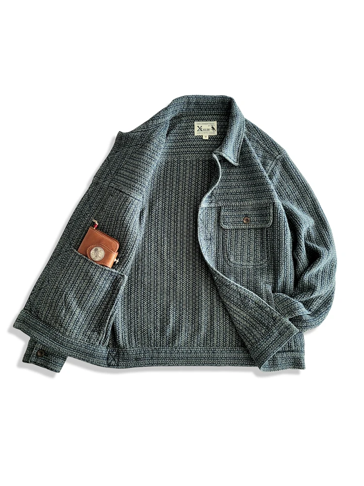 Haori Japanese Jacket - เสื้อแจ็คเก็ตยีนส์ลายรังผึ้งสไตล์ญี่ปุ่นแบบลำลองสำหรับผู้ชาย รุ่นหลวม สไตล์เรโทร ล้างทำเก่า