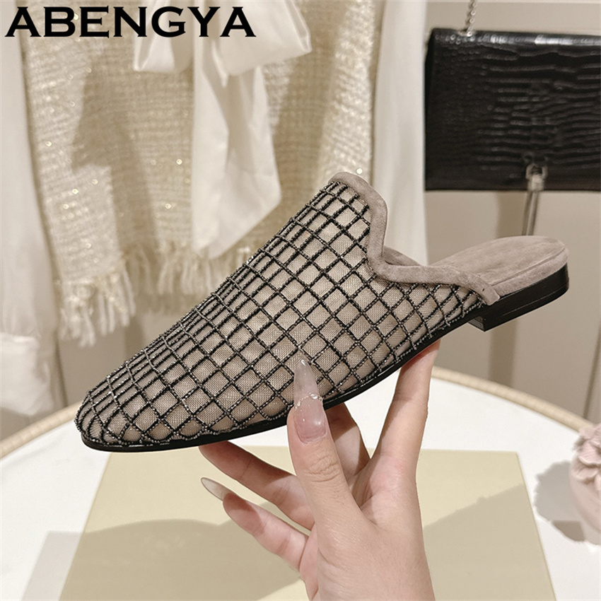Ethnic Fashion For Women - รองเท้าสลิปเปอร์แบบสวมหัวมน ผ้าลูกไม้เนื้อเงา ประดับวิบวับ ส้นเตี้ย สำหรับผู้หญิง รองเท้าโลฟเฟอร์ลำลองแฟชั่นฤดูร้อน