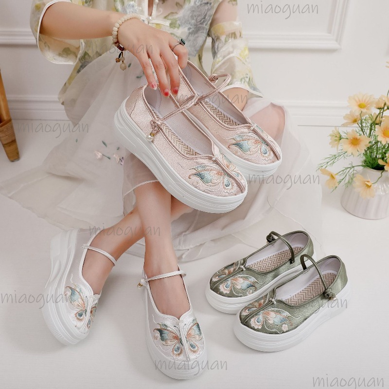 Ethnic Fabric - รองเท้าส้นหนาสไตล์จีนสำหรับผู้หญิง ปักลายผีเสื้อ สายรัดข้อเท้า ใส่สบาย ลำลอง รองเท้าผ้าใบสไตล์ชาติพันธุ์