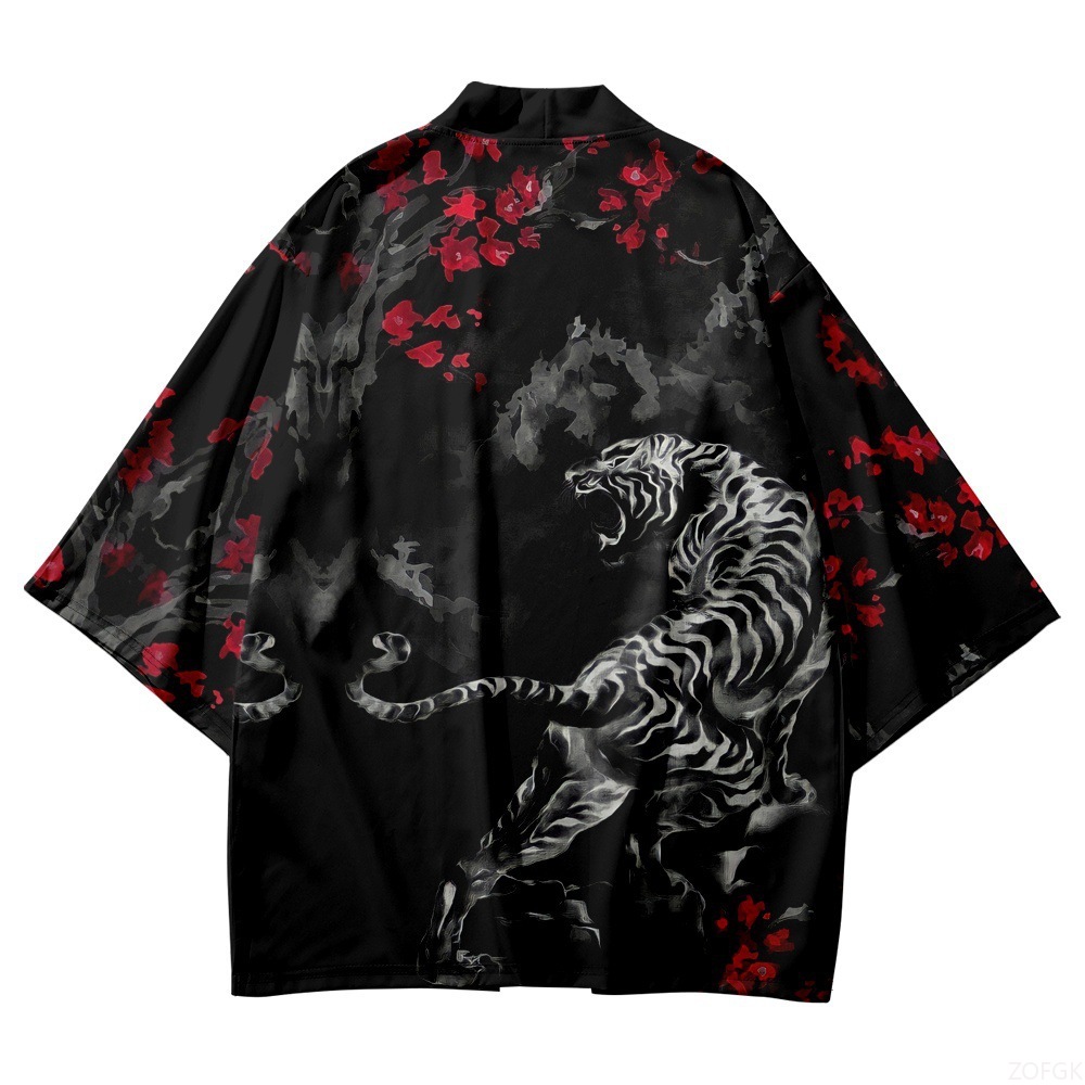 Haori Japanese Jacket - ชุดกิโมโนสีดำเปิดปกผู้ชายและผู้หญิงญี่ปุ่นโอบิผู้ชายชุดยูกาตะเด็กชายฮาโอริอะนิเมะเสือรูปแบบเสื้อแจ็คเก็ต