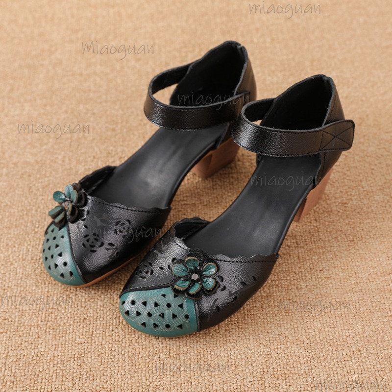 Ethnic Fashion For Women - รองเท้าส้นเตารีดแบบกลาดิเอเตอร์ ปลายเปิดประดับดอกไม้ สายรัดข้อเท้า สไตล์เรโทร รองเท้าสไตล์ชาติพันธุ์ ใส่สบาย