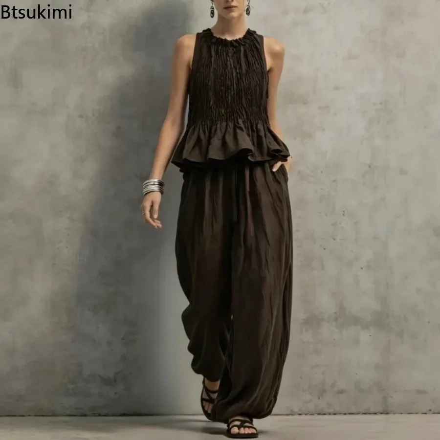 Ethnic Fashion Collection - ชุดเซ็ตเสื้อแขนกุดระบายชายเรียบง่ายและกางเกงขายาวเอวสูง 2 ชิ้น ชุดลำลองสไตล์วินเทจฝรั่งเศสสำหรับผู้หญิง เหมาะสำหรับวันพักผ่อน