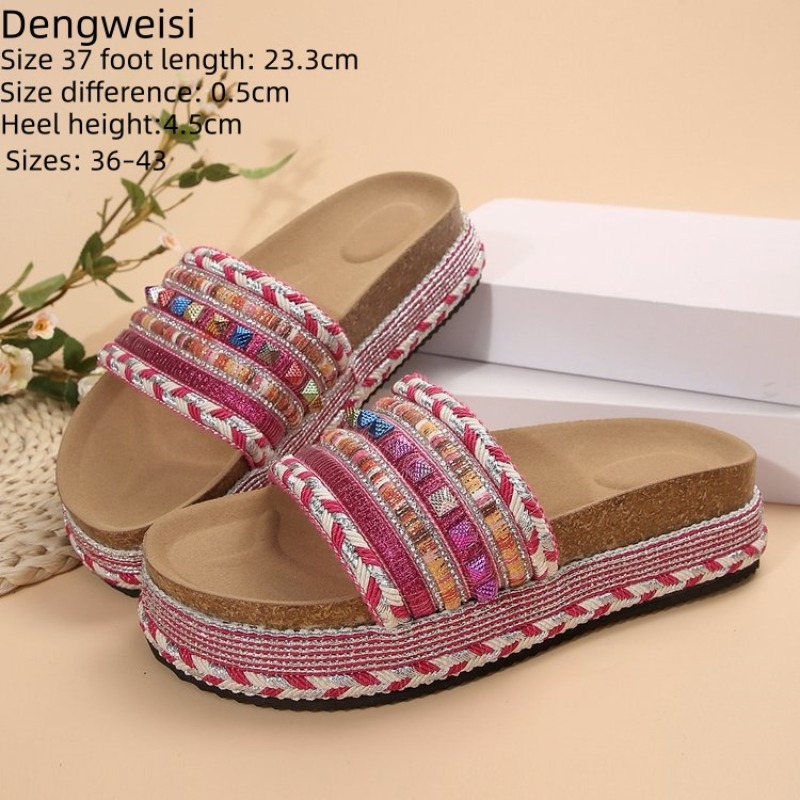Ethnic Fashion For Women - รองเท้าแตะสไตล์โบฮีเมียนสำหรับผู้หญิง แบบเรโทร ลายชนเผ่า ทอแบบพื้นหนา ใส่สบาย เหมาะสำหรับชายหาด