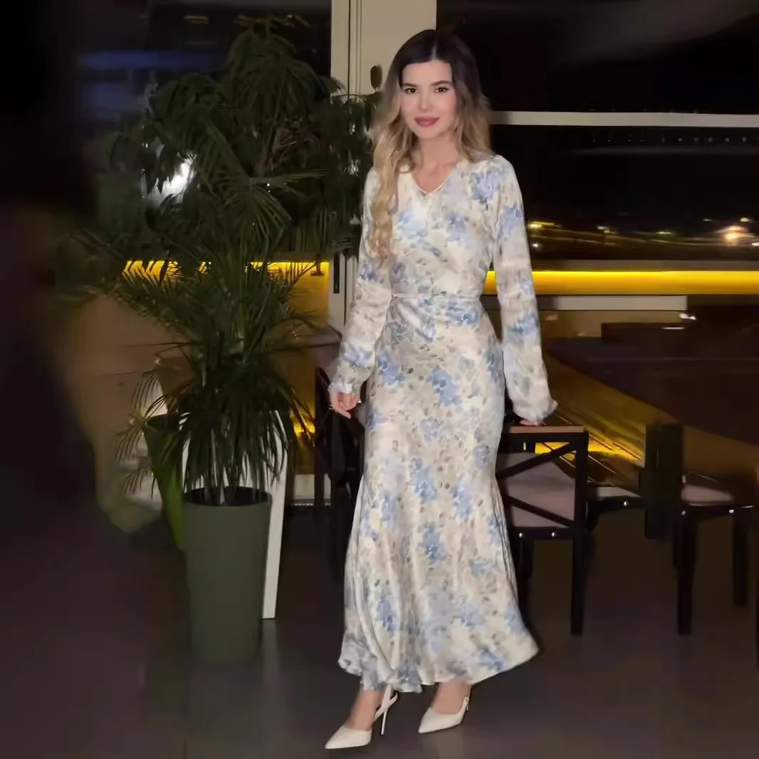 Jalabiya Women Arabic - Eid มุสลิม Abaya สําหรับชุดสตรี Jalabiya ดอกไม้พิมพ์อาหรับยาว