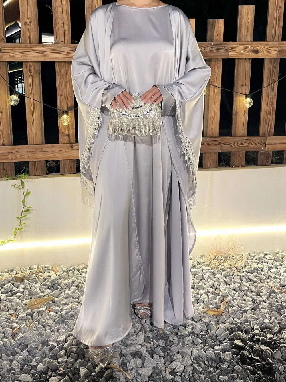Jalabiya Women Arabic - ผู้หญิงมุสลิม Abaya ชุด 2 ชิ้นชุดพู่ Jalabiya