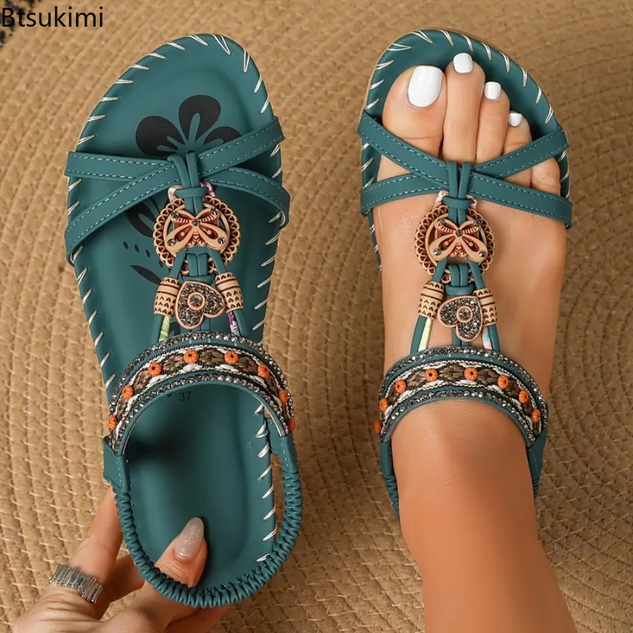 Ethnic Fashion For Women - รองเท้าแตะสไตล์โบฮีเมียนสำหรับผู้หญิง รองเท้าลำลองแบบสวมใส่ได้ทั้งชายหาดและกลางแจ้ง รองเท้าพื้นเรียบสไตล์ชาติพันธุ์สำหรับสุภาพสตรี รองเท้าพื้นนุ่มใส่สบาย รองเท้าแตะผู้หญิง