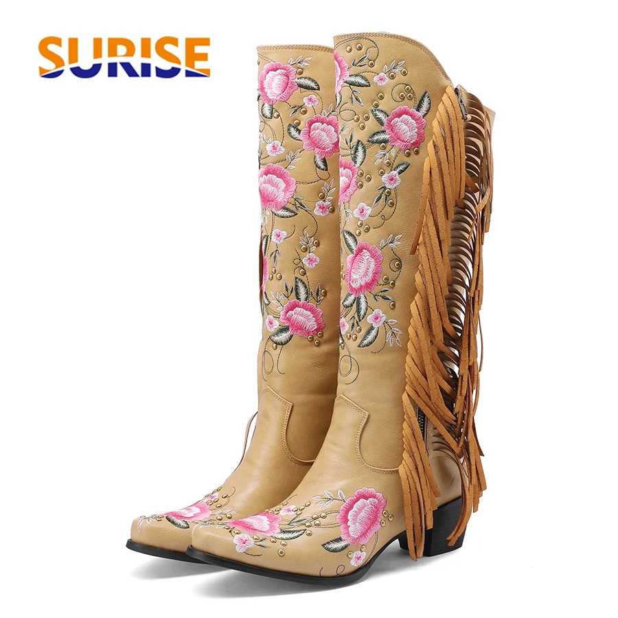 Ethnic Fashion For Women - แฟชั่นเย็บปักถักร้อยดอกไม้ Western เข่ารองเท้าบูทสูงผู้หญิง Pointed Toe ส้นสีดําสีน้ําตาลพู่