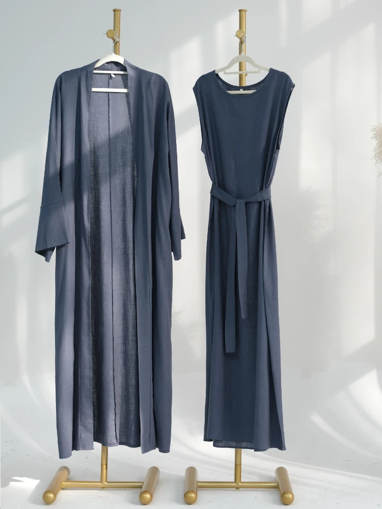 Jalabiya Women Arabic - Eid มุสลิม Abaya สําหรับชุดสตรีชุด 2 ชิ้นผ้าฝ้ายผ้าลินิน